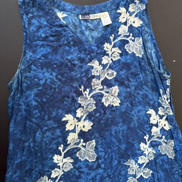 La Cera Blue Floral Rayon Sleeveless Dress Size S Boho Summer Midi - Picture 5 of 8